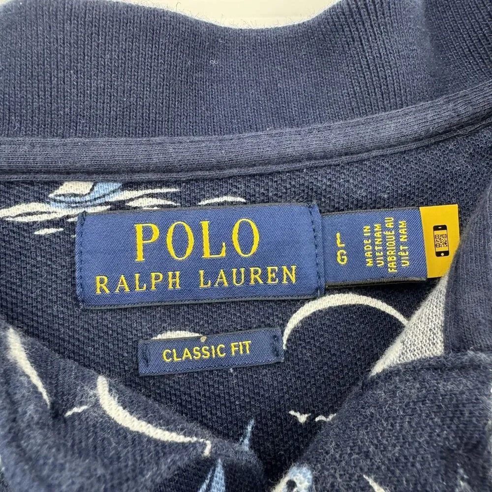 Polo Ralph Lauren Classic Fit Polo Shirt Surf Beach Print Navy Men’s Large L